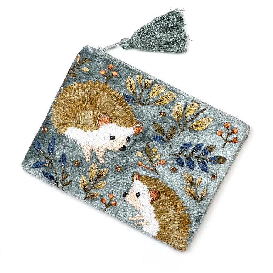 Purse Pouch: Velvet Embroidered Hedgehogs - Grey - POM