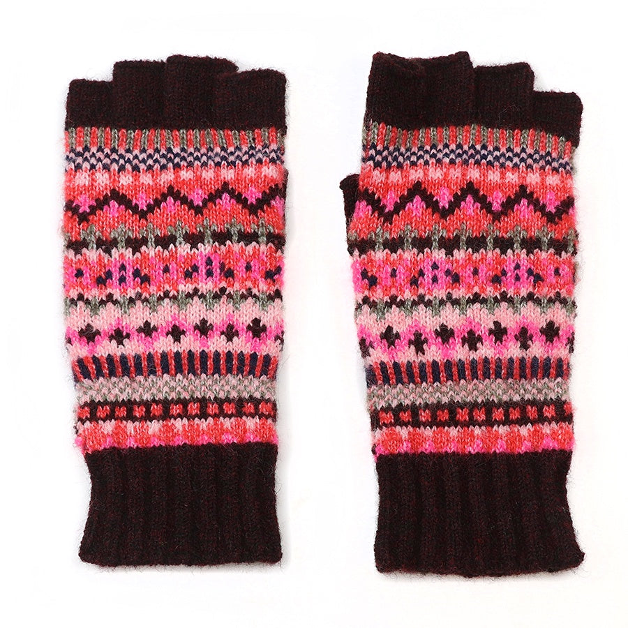 Fingerless Gloves: Knit Fairisle Recycled Viscose Blend - Wine & Pink - POM