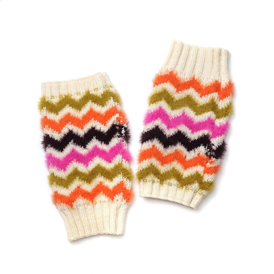 Wrist Warmers: Knit Fluffy Viscose Blend Chevron - Autumnal Brights - POM