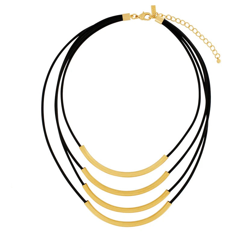 Necklace: Short Leather Multi String Scratched NOSTALGIA - Gold Plated - Dansk