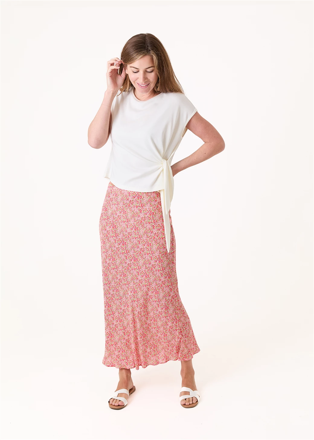 Skirt: Viscose Ditsy Blossom Bias Cut  - Coral - Dreams