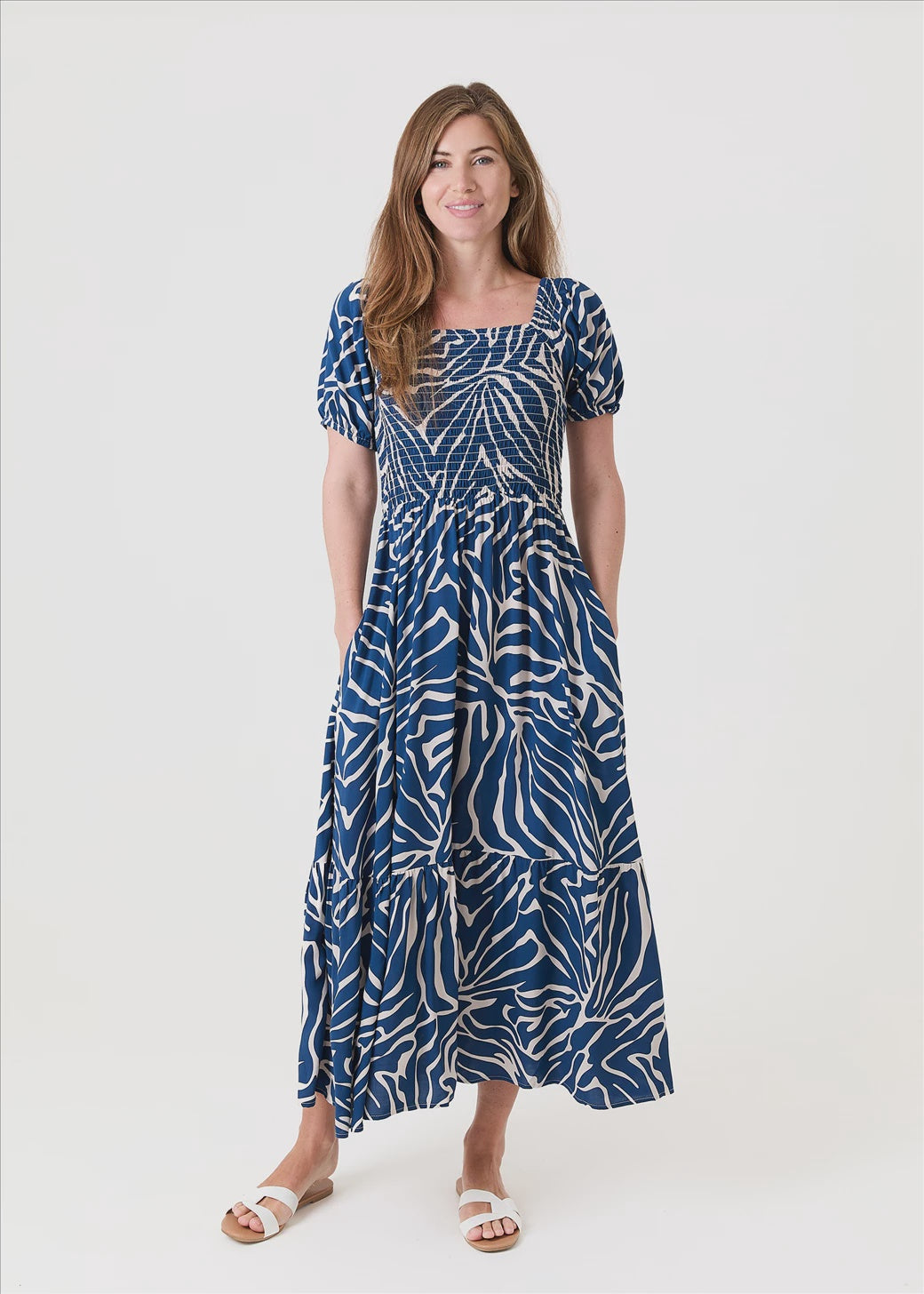 Long Dress: Viscose Mono Zebra Print Maxi - Navy - Dreams