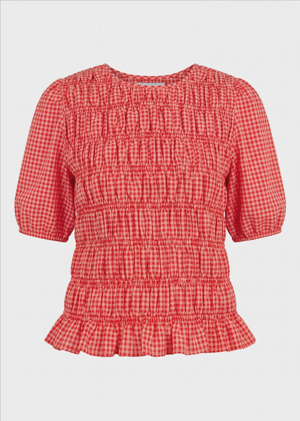 Blouse: Cotton Mix Gingham Check Shirred Bodice - Coral - Dreams