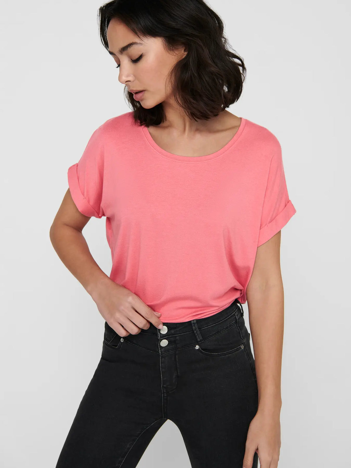 T-Shirt:  Round Neck Cap Sleeve MOSTER - Coral Pink - ONLY