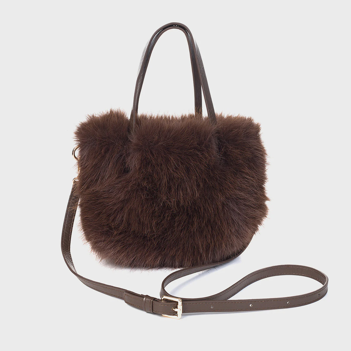 Small Shoulder Bag: Faux Fur Hand Strap - Brown- Park Lane