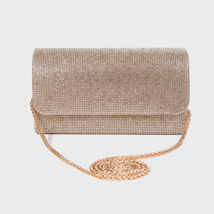 Small Shoulder Bag: Crystal Encrusted Clutch with Detachable Strap - Gold - Park Lane