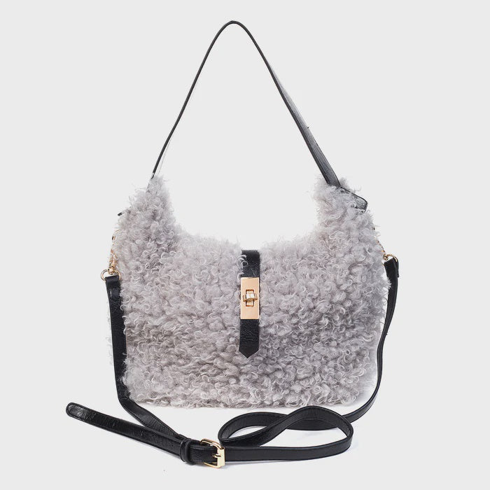 Shoulder Bag: Faux Fur Buckle 2 Straps -Pebble Grey - Park Lane
