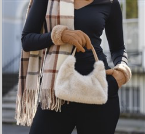 Small Shoulder Bag: Faux Fur Hand Strap  -Cream - Park Lane