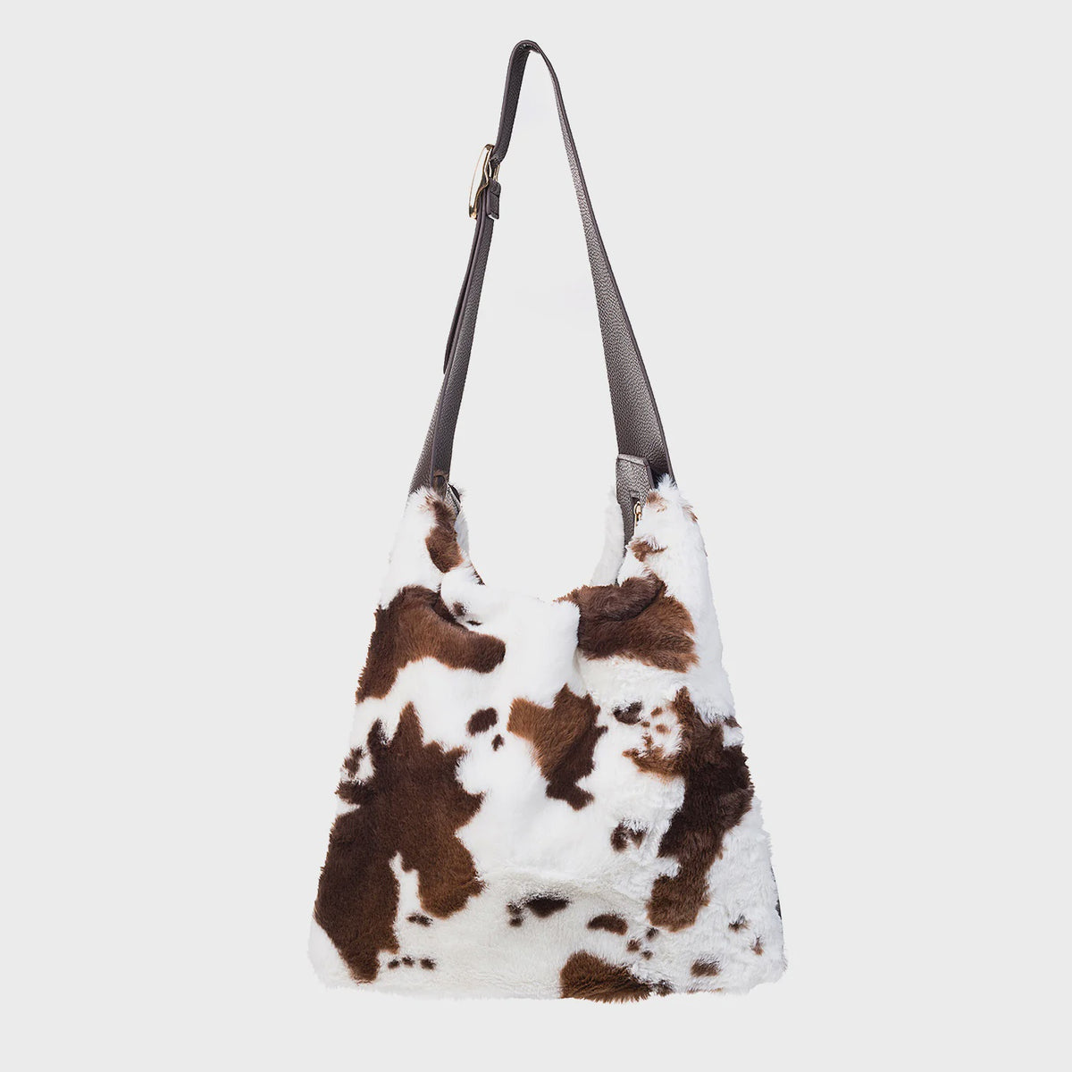 Shoulder Bag:  Large Cow Print Faux Fur -Brown & White - Park Lane