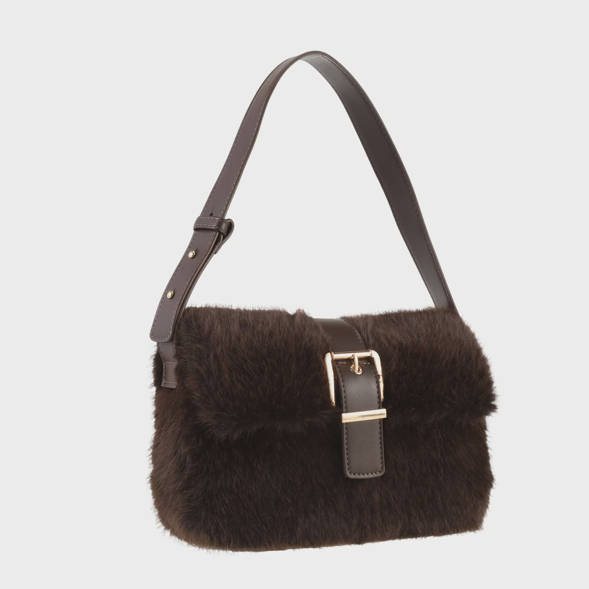 Shoulder Bag: Faux Fur With Front  Buckle - Chocolate - Park Lane