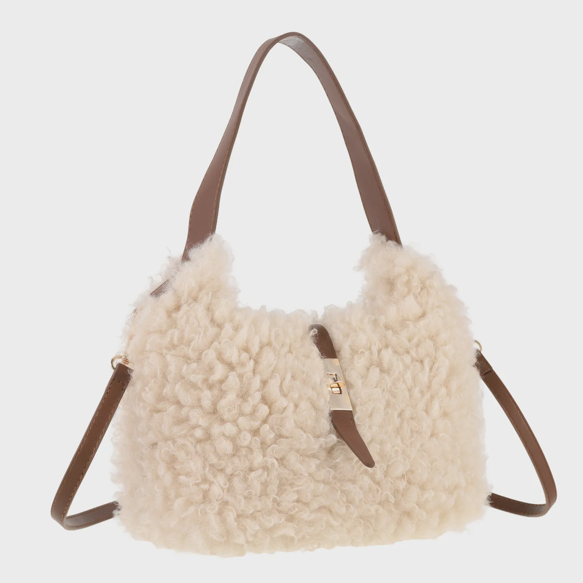 Shoulder Bag: Faux Shearling - Linen - Park Lane