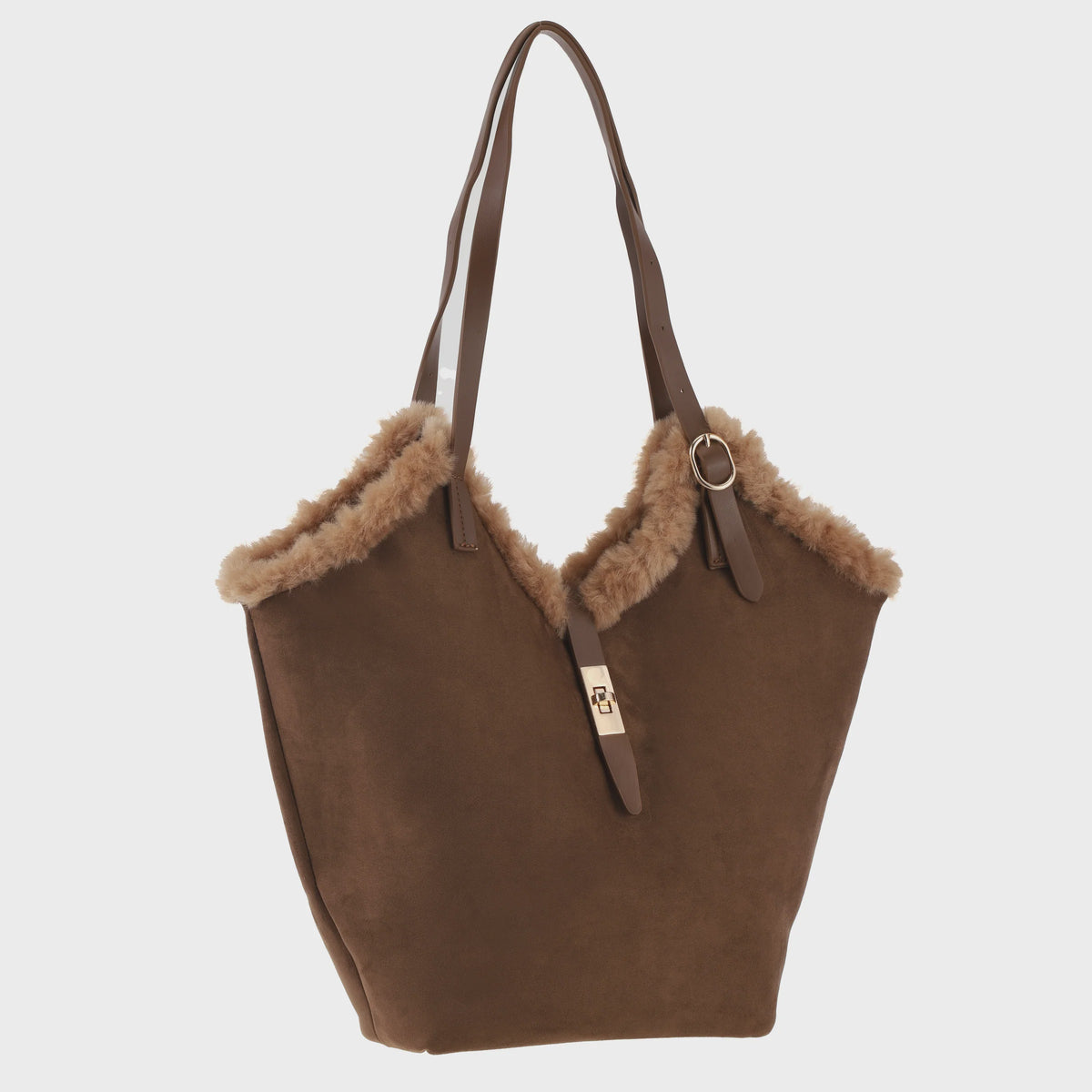 Shoulder Bag: Faux Suede & Faux Fur Trim - Chocolate  - Park Lane