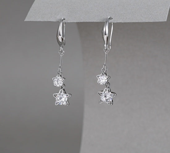 Earrings: Drop Hook Filigree Double Star Crystal - Silver