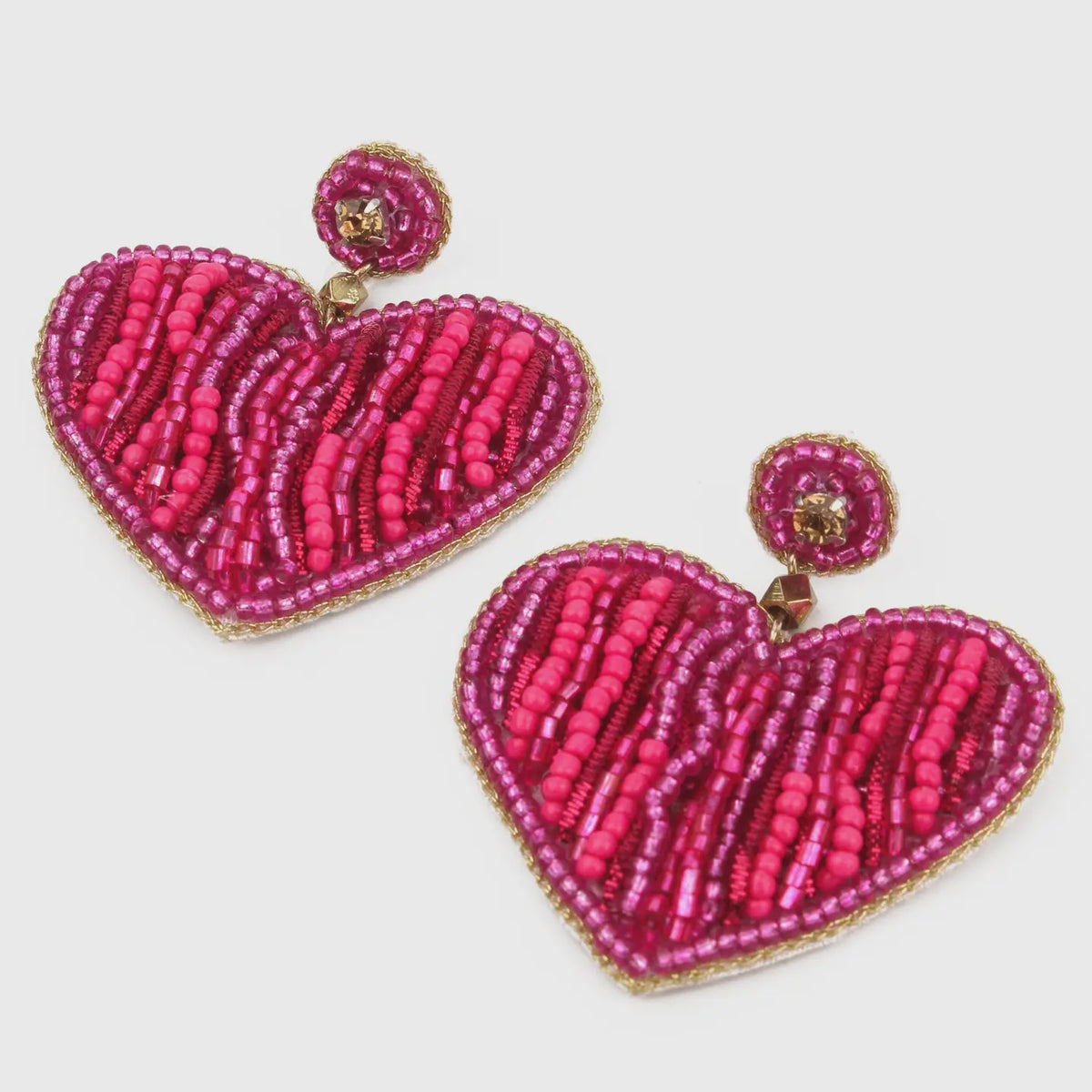 Earrings: Handmade Drop Beaded Hearts - Red - My Doris