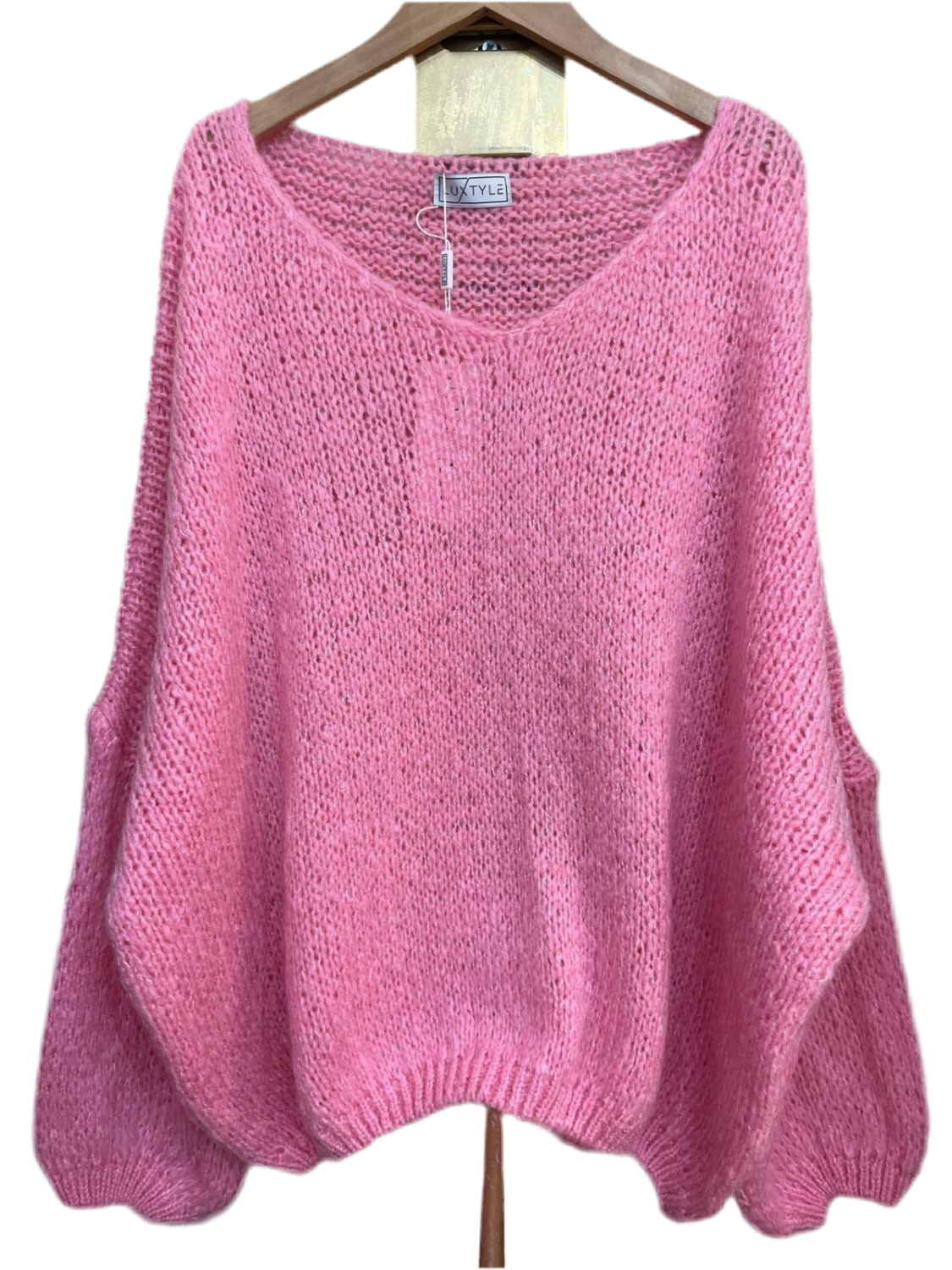 Jumper: Knit Long Sleeve V Neck - Pink - One Size - Luxtyle
