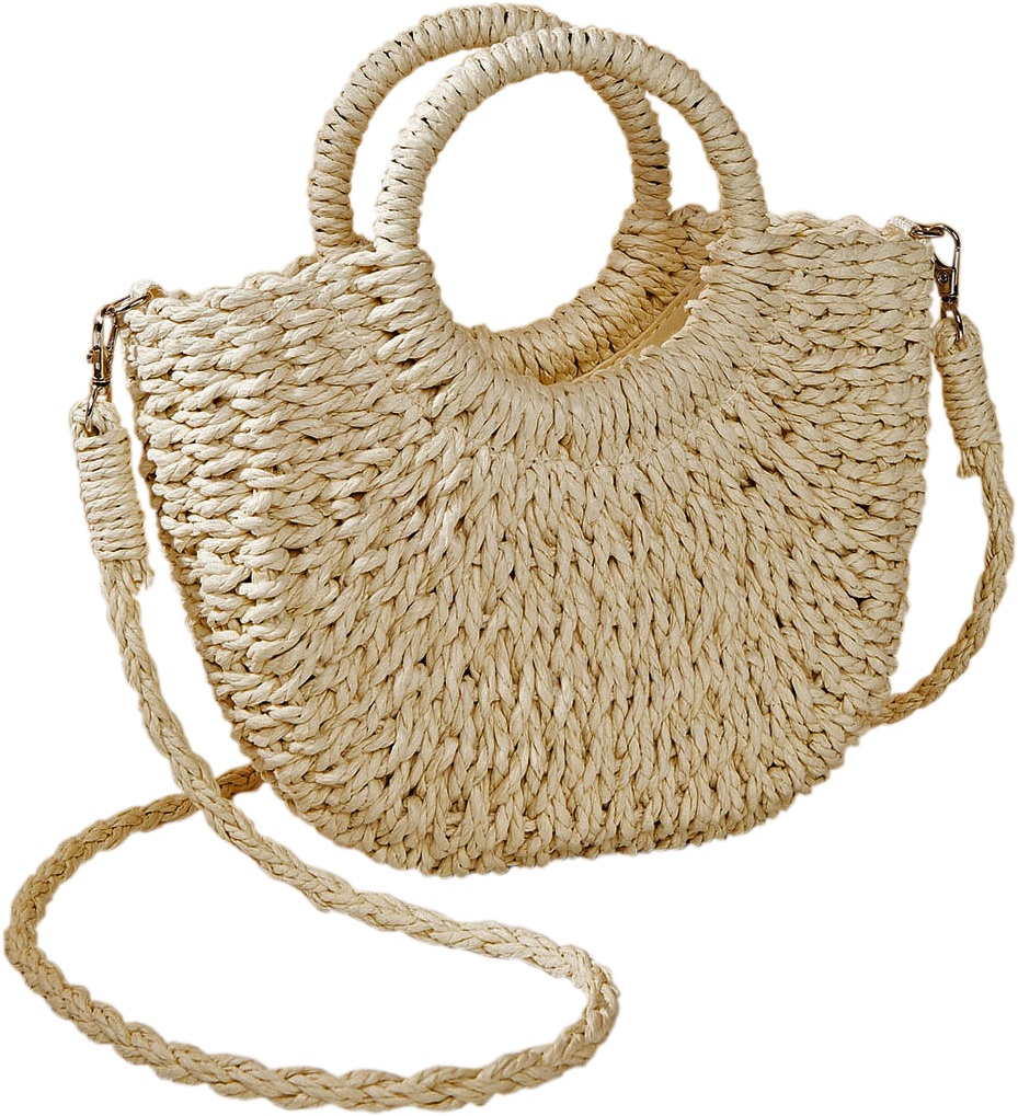 Cross Body Bag: Straw Bright FLAMINGO Semi Circle Handles - Natural Ivory - ENVY