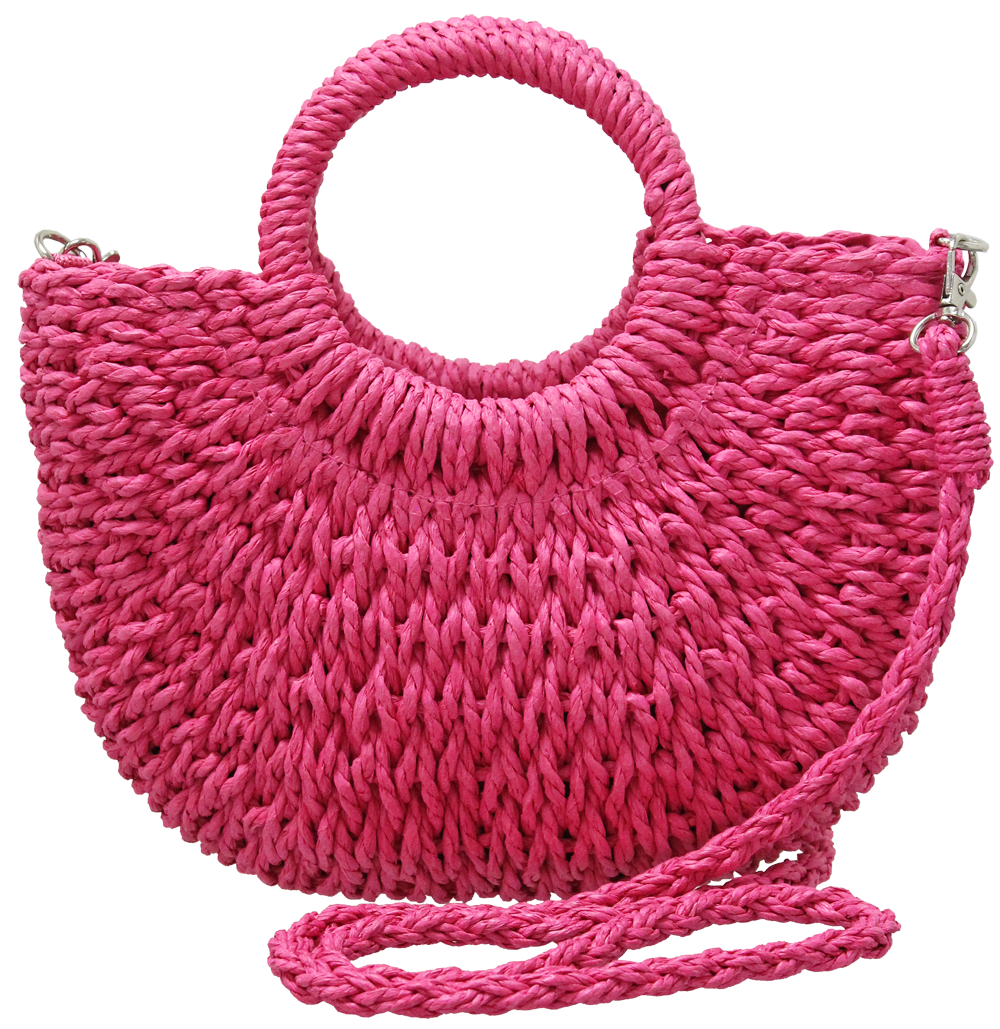 Cross Body Bag: Straw Bright FLAMINGO Semi Circle Handles - Orange Pink - ENVY
