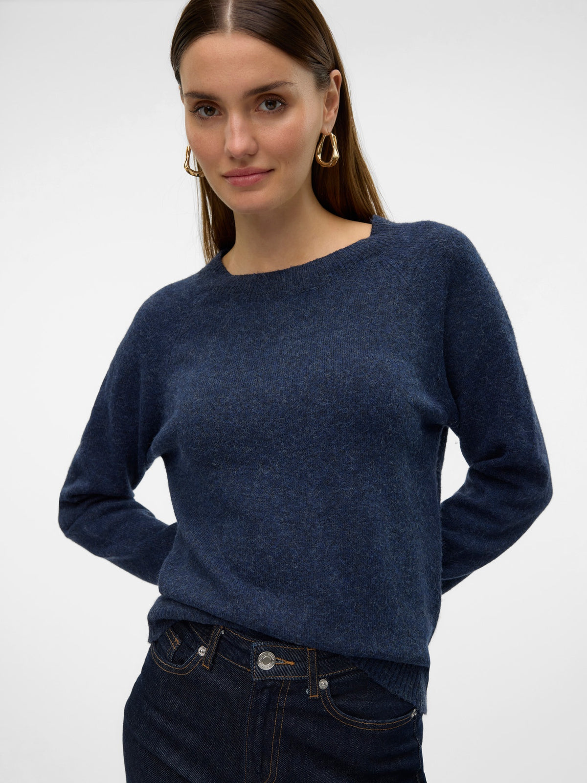Jumper: Fine Knit Round Neck Long Sleeve  DOFFY - Navy Blue