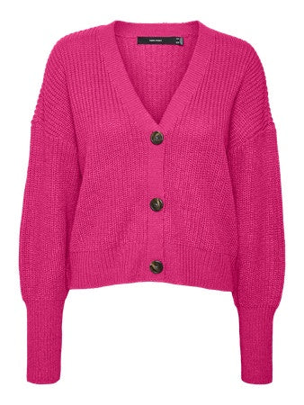 Cardigan: Knit V Neck Long Sleeve Ribbed LEA - Bright Pink