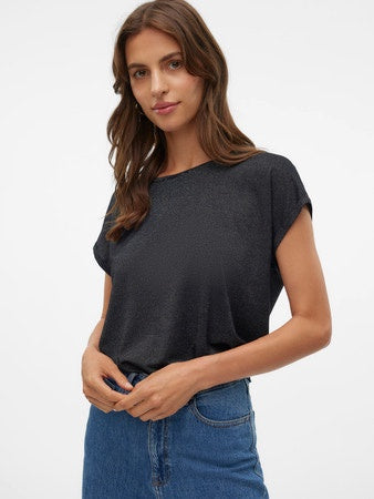 T-Shirt: Viscose Lenzing Round Neck Short Sleeve Glitter Stripe LAVA  - Black SILVER LUREX