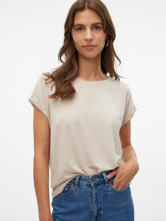 T-Shirt: Viscose Lenzing Round Neck Short Sleeve Glitter Stripe LAVA  - Oatmeal GOLD LUREX