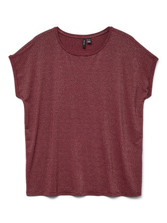 T-Shirt: Viscose Lenzing Round Neck Short Sleeve Glitter Stripe LAVA  - Syrah Red GOLD LUREX