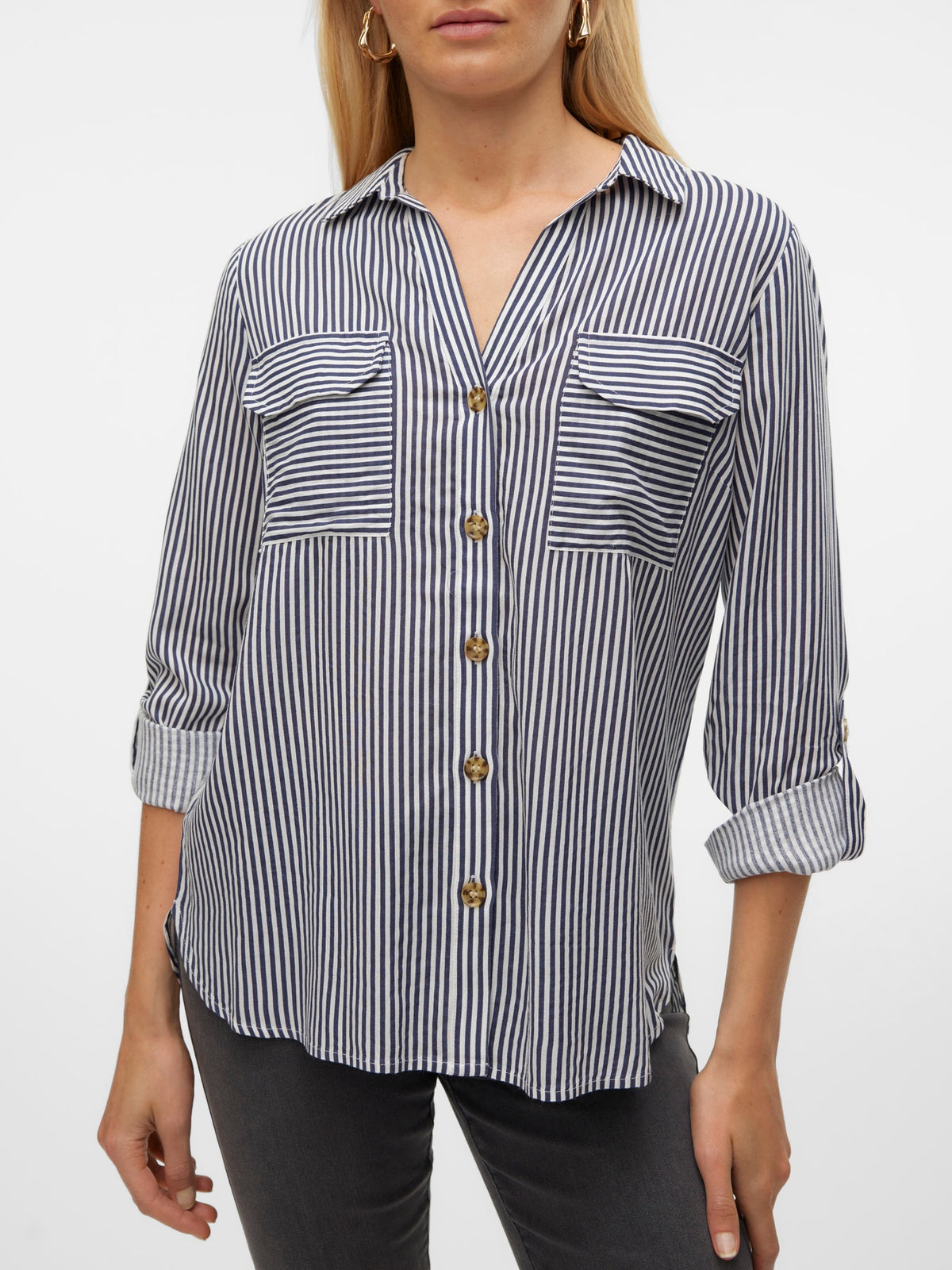 Shirt: Lightweight Collar Buttons Long Sleeve BUMPY - Snow White INDIA INK - Vero Moda