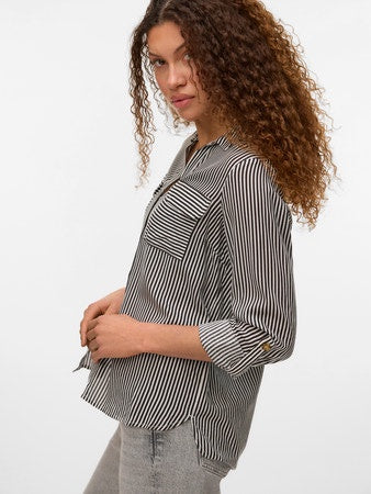 Shirt: Livaeco Collar Long Sleeve Button Cuffs Stripe BUMPY - Dark Chocolate Brown White