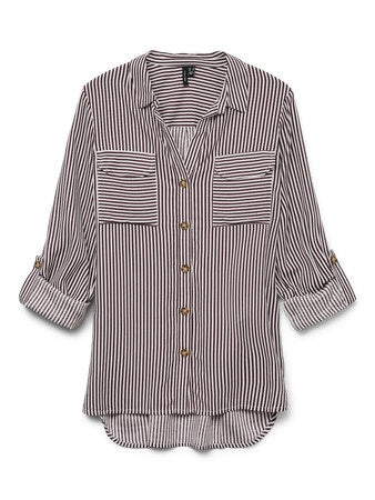 Shirt: Livaeco Collar Long Sleeve Button Cuffs Stripe BUMPY - Burgundy White