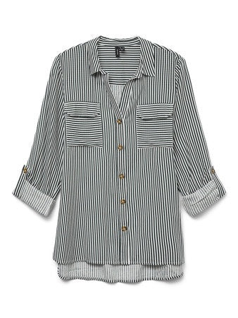 Shirt: Livaeco Collar Long Sleeve Button Cuffs Stripe BUMPY - Pine Grove Green White