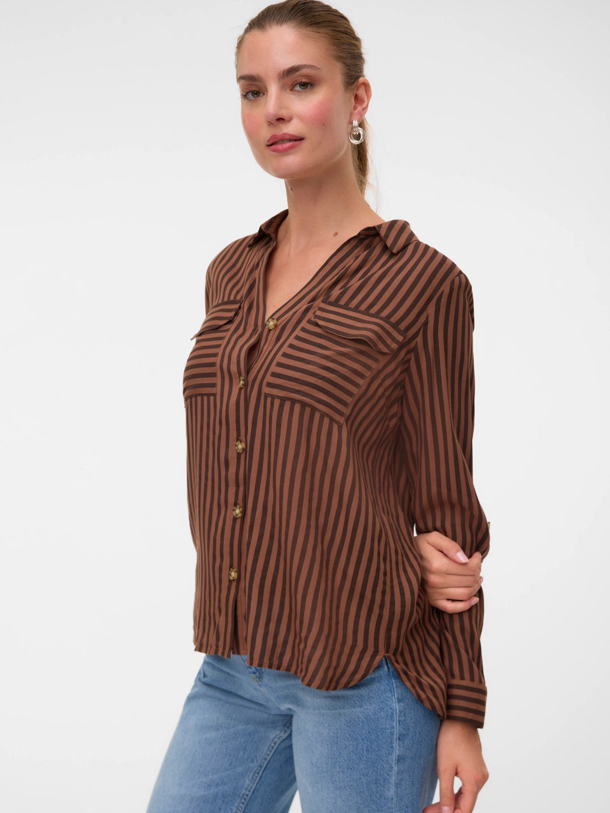 Shirt: Viscose Long Sleeve Collar Stripe BUMPY - Chocolate Brown - Vero Moda