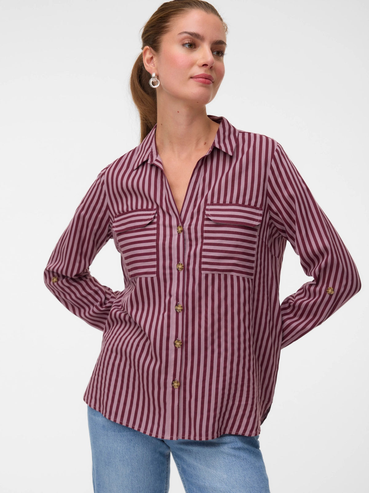 Shirt: Viscose Long Sleeve Collar BUMPY - Wine Elderberry - Vero Moda