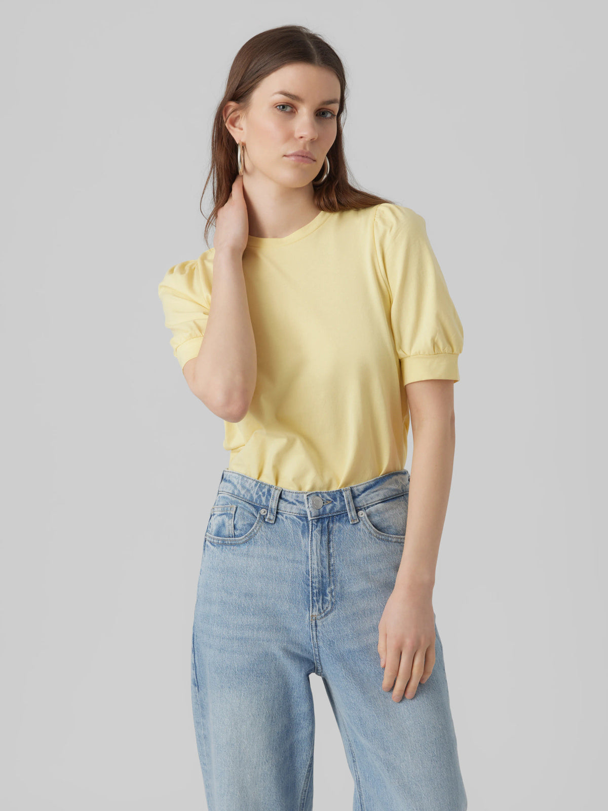 Top: Organic Cotton Jersey Short Gathered Sleeve O Neck KERRY  - Lemon Yellow - Vero Moda Aware