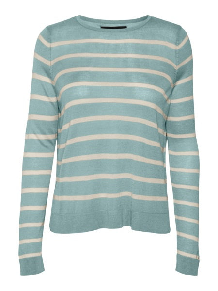 Top: Fine Knit Round Neck Long Sleeve Stripe NOVA - Turquoise Off White  - Vero Moda