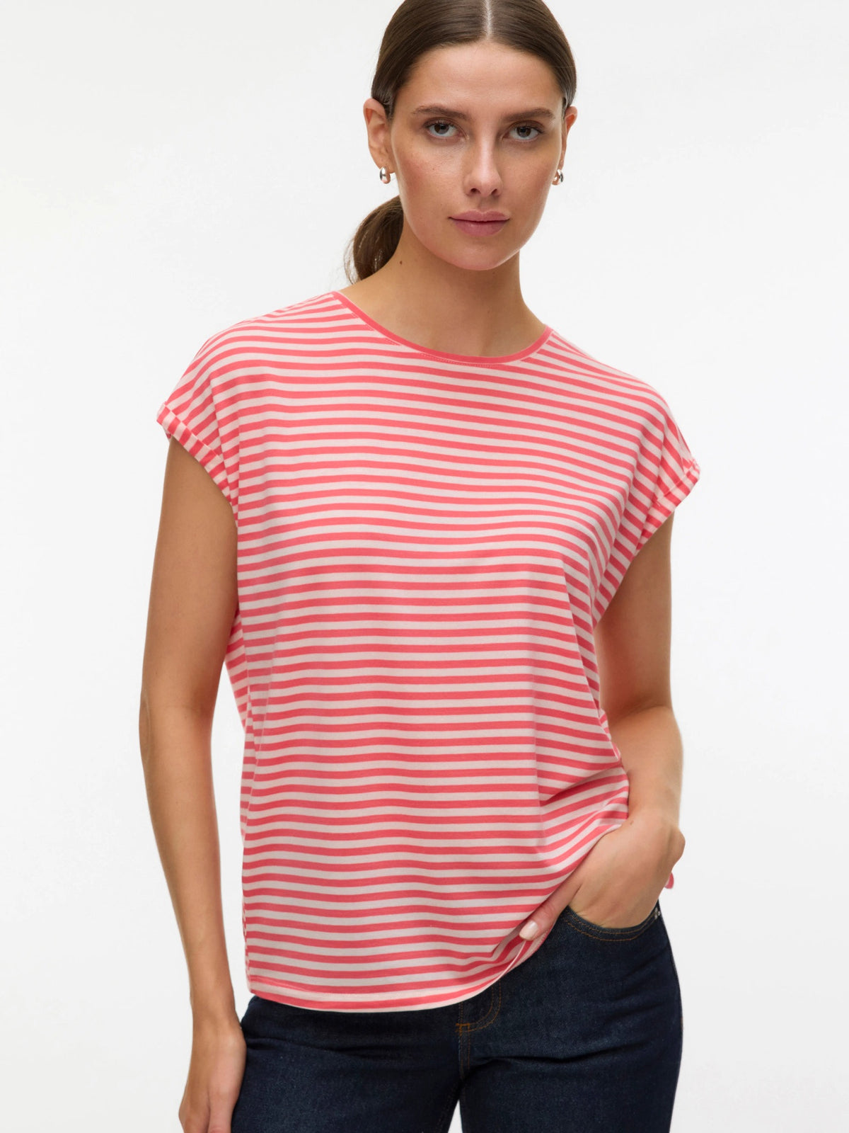 T-Shirt: TENCEL™ Short Sleeve O Neck Stripe AVA - Coral Pink & Cream - Vero Moda