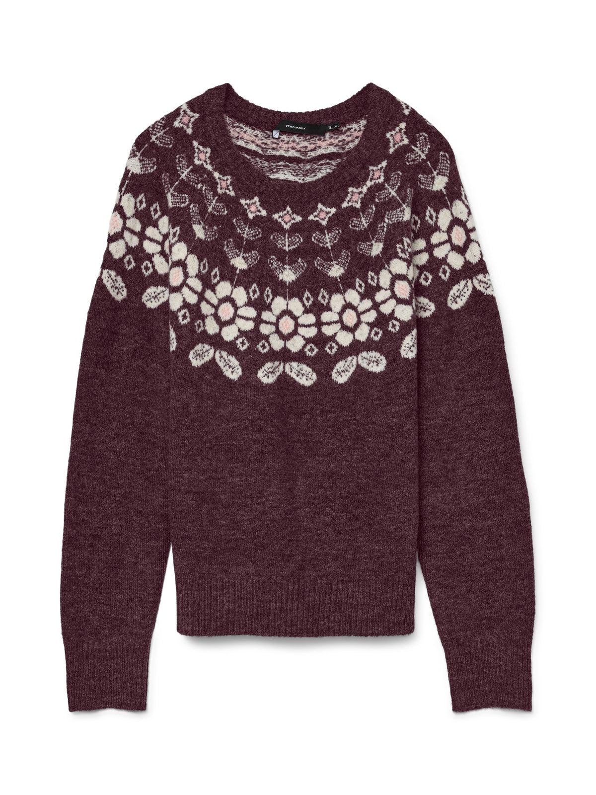 Jumper: Knit Round Neck Long Sleeve Nordic SIMONE - Burgundy Cream & Pink