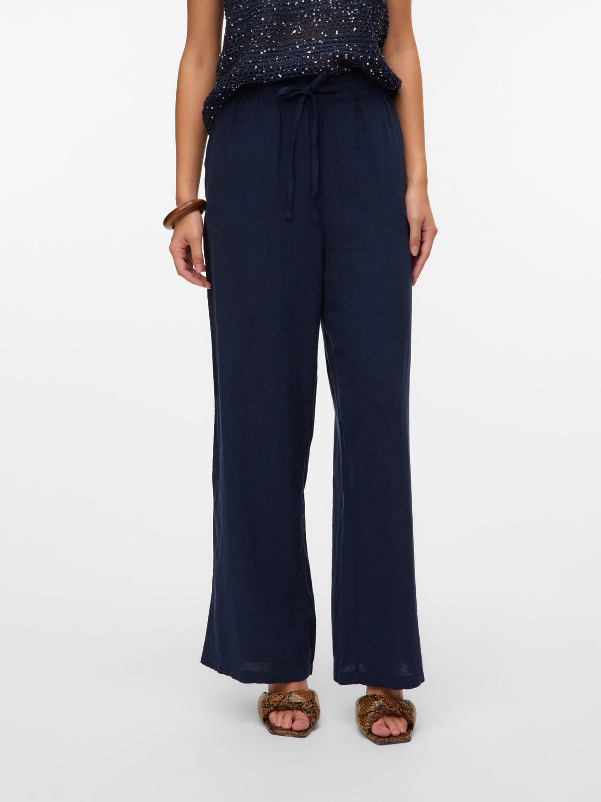 Trousers: Linen Mix Wide Leg Front Pockets LINN - Navy Blue Blazer - Vero Moda
