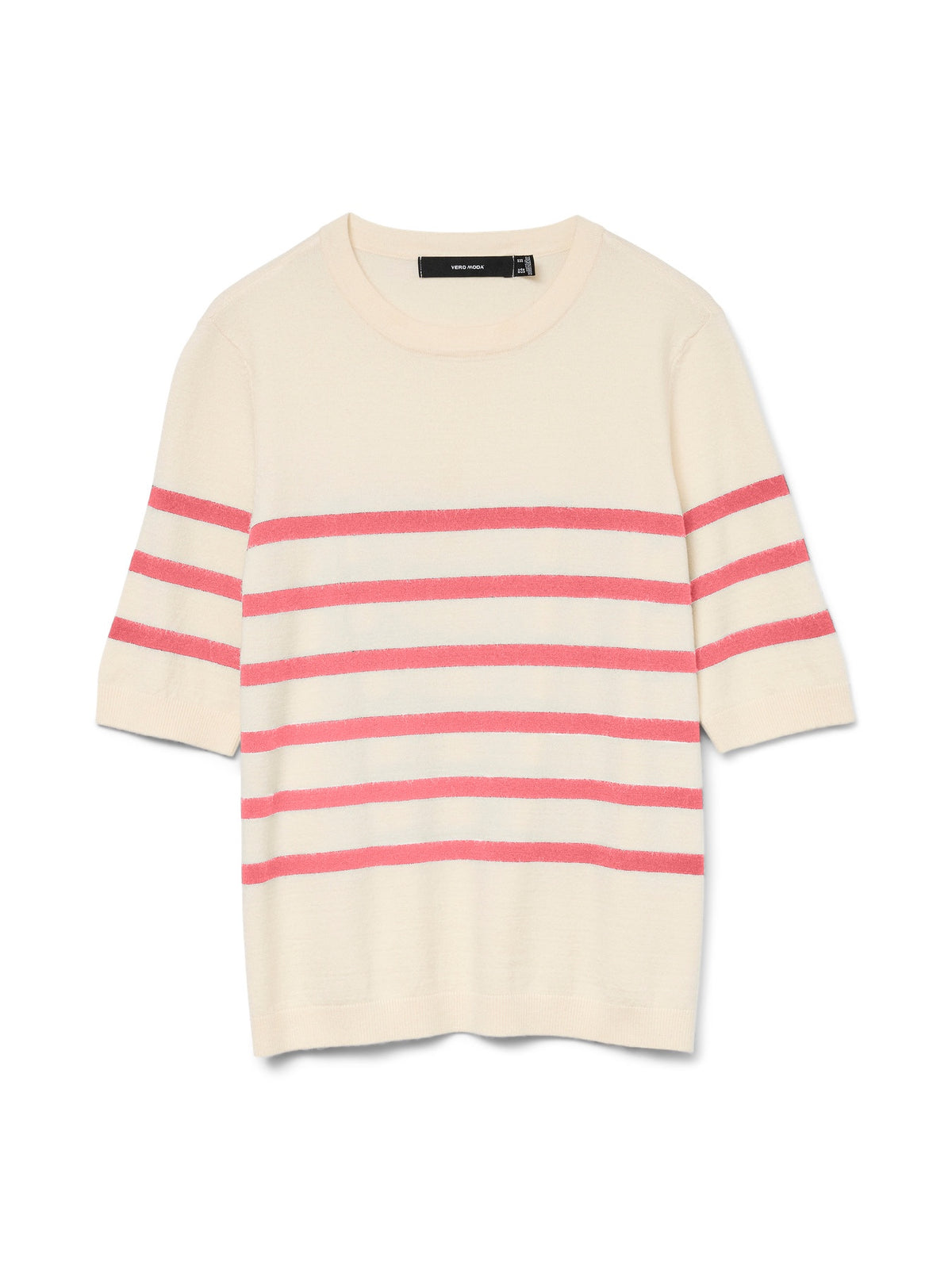 Jumper: Fine Knit Round Neck Short Sleeve Stripes SABA   - Cream & Coral - Vero Moda