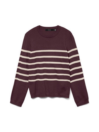 Jumper: Fine Knit Round Neck Long Sleeve Stripe SABA  - Burgundy & Cream