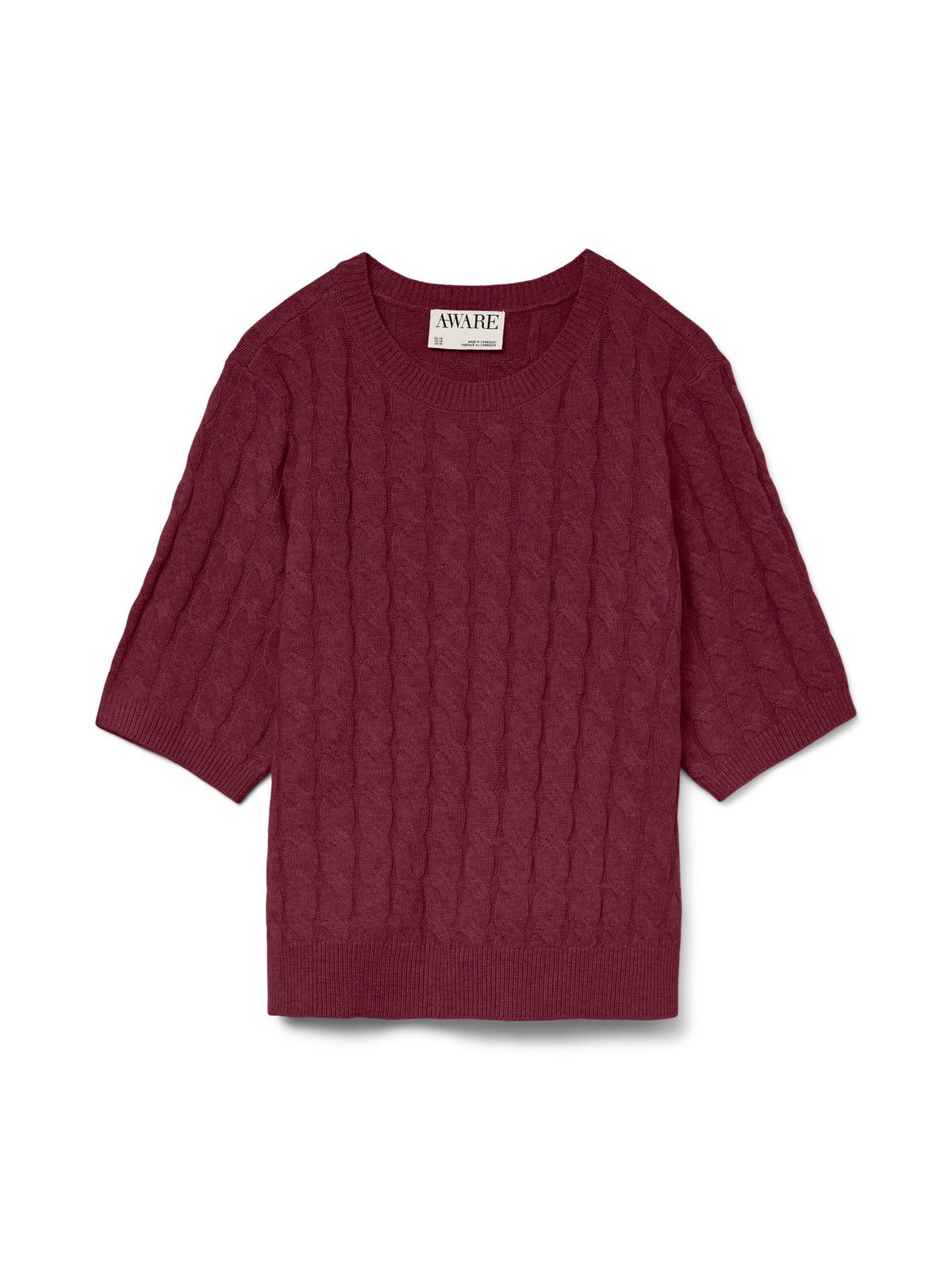 Jumper: Fine Knit Round Neck Short Sleeve LORELLA - Burgundy - AWARE