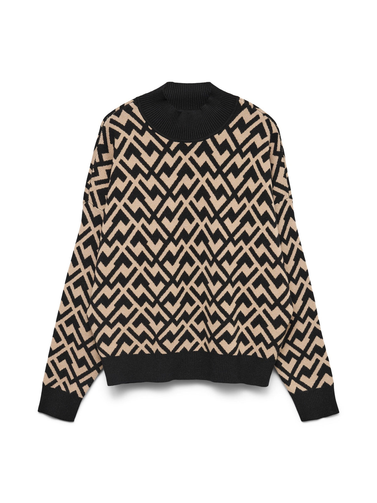 Jumper: Knit High Neck Long Sleeve Geo Pattern ARIA - Black & Beige