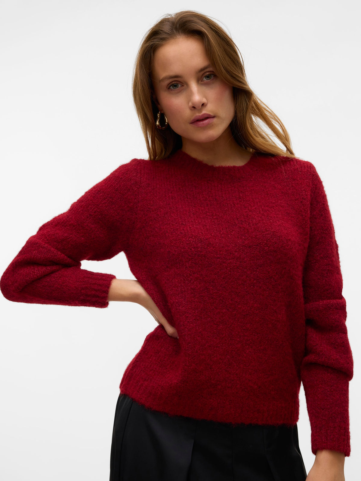 Jumper: Chunky Knit Round Neck Long Sleeve  NOVAH - Burgundy