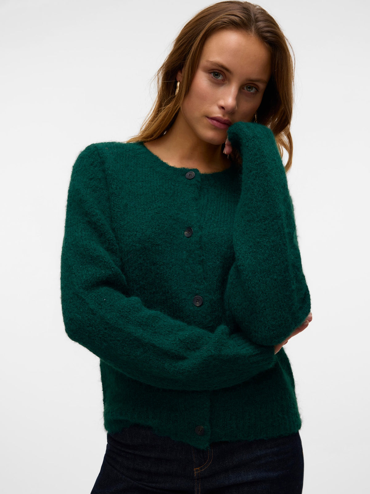 Cardigan: Chunky Knit Round Neck Long Sleeve Buttons NOVAH - Green