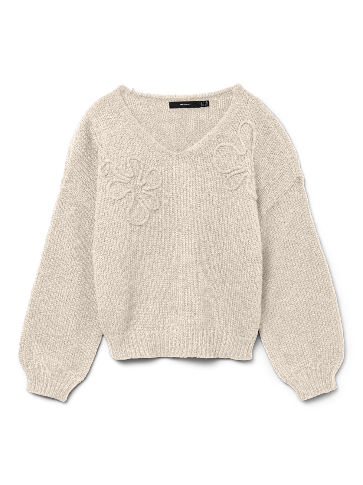 Jumper: Knit V Neck Long Sleeve Stitched Flower LOLLIPOP - Cream