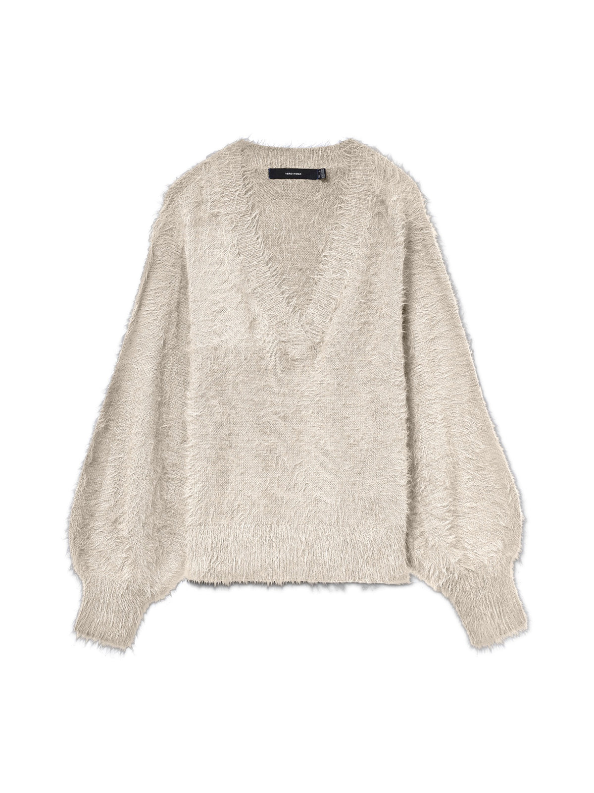 Jumper: Fluffy V Neck Long Sleeve  POILU - Beige