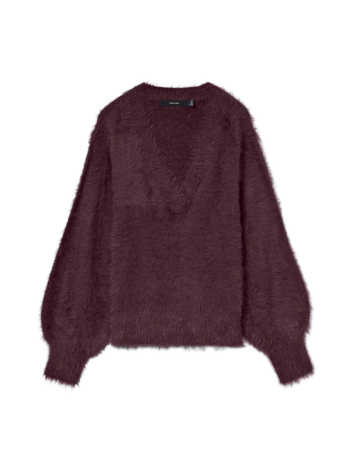 Jumper: Fluffy V Neck Long Sleeve  POILU - Burgundy