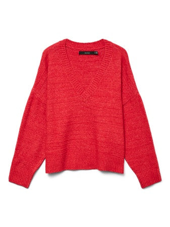 Jumper: Knit Wool Mix V Neck Long Sleeve Dropped Shoulders BOOM  - Red