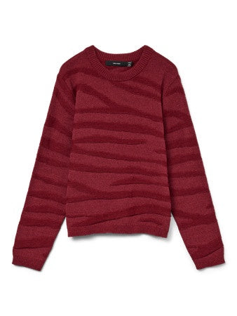 Jumper: Chunky Knit Round Neck Long Sleeve Animal Print MALOU - Burgundy