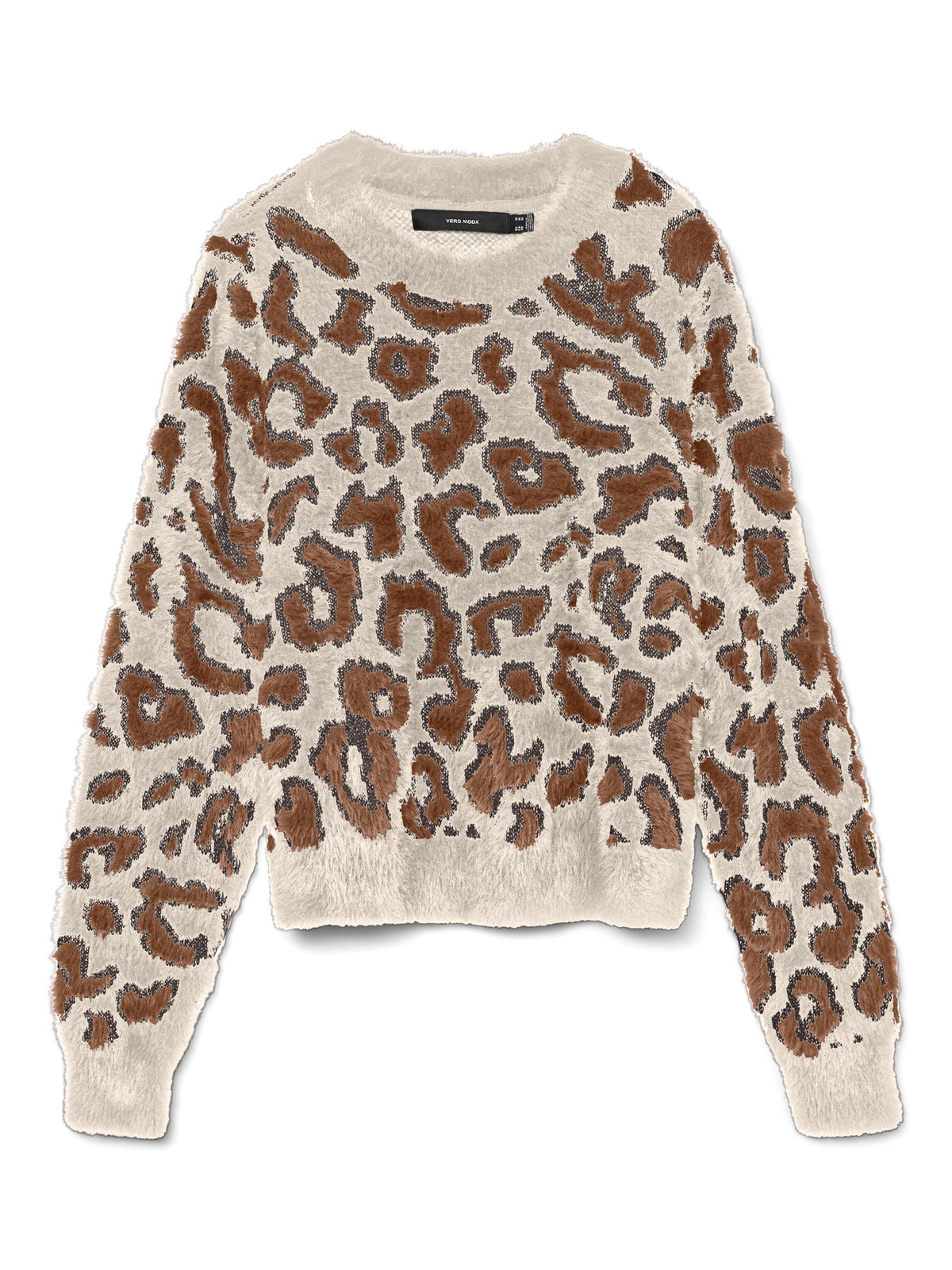 Jumper: Chunky Knit Round Neck Long Sleeve Leopard JUNGLE - Chocolate Brown & Cream