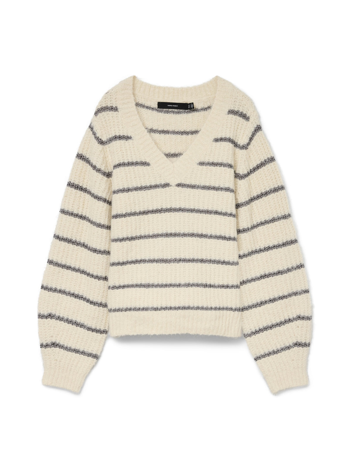 Jumper: Knit V Neck Long Sleeve Mettalic Stripe AWESOME  - Cream & Blue Grey